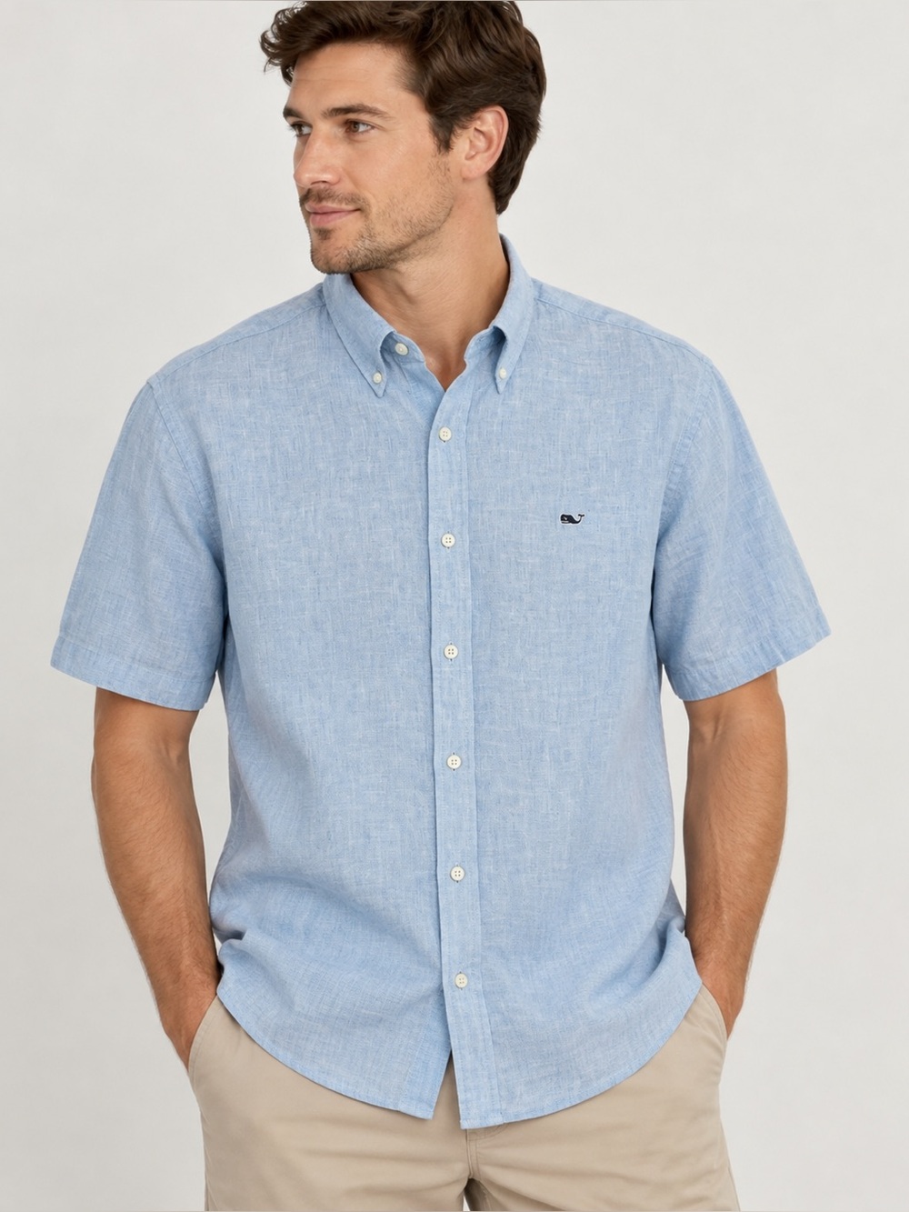 Vineyard Vines XXL Classic Fit Whale Shirt Blue Linen Blend 27x31